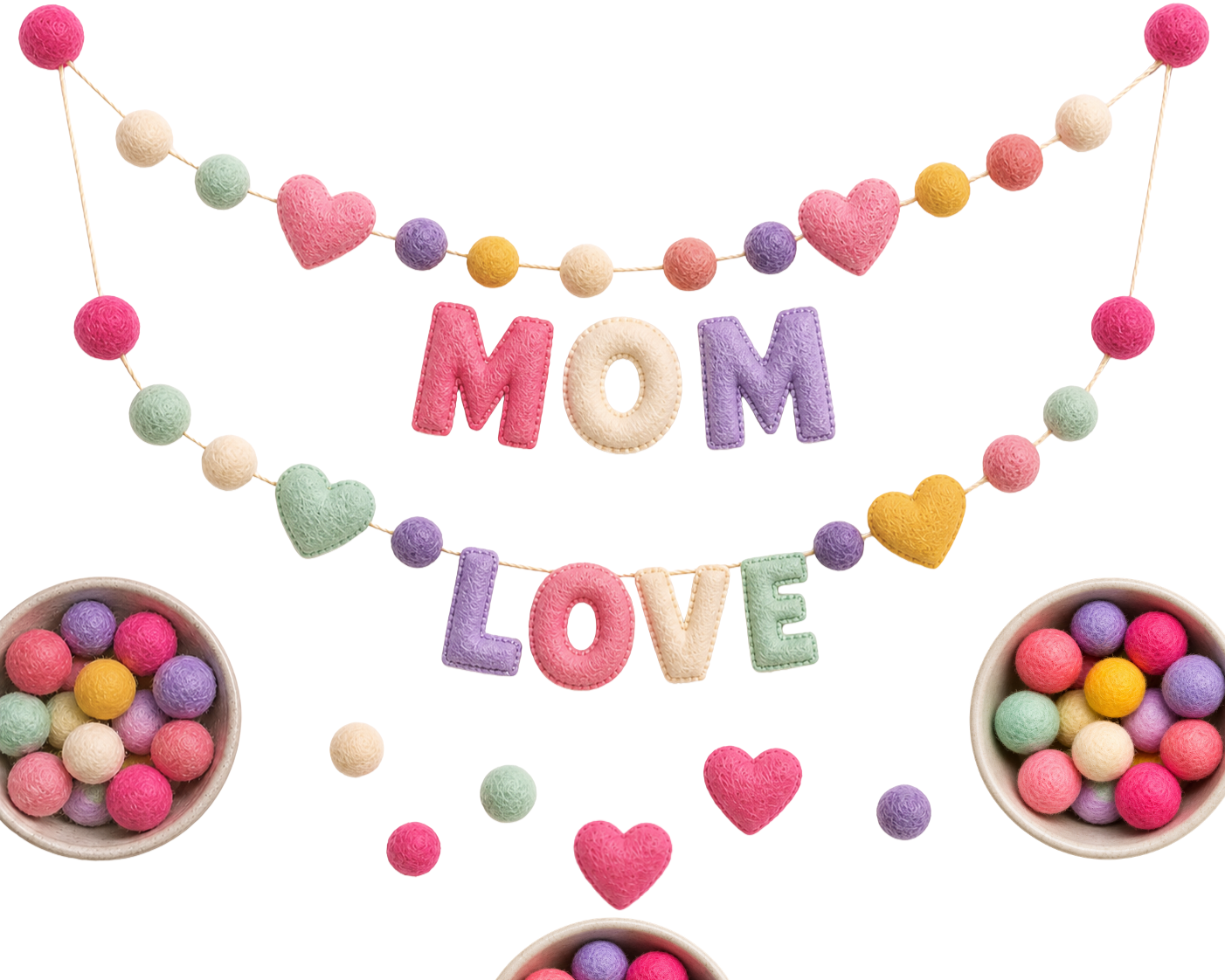 personalized felt garland with felt balls and alphabets